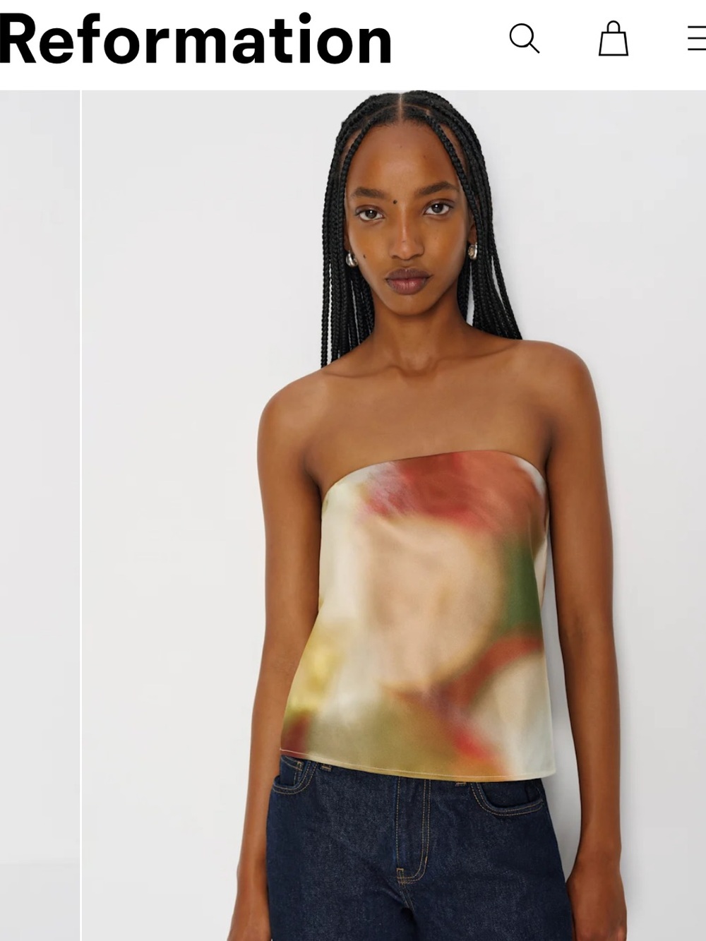 Reformation Silk Strapless Spritz Top in Multicolor Watercolor
